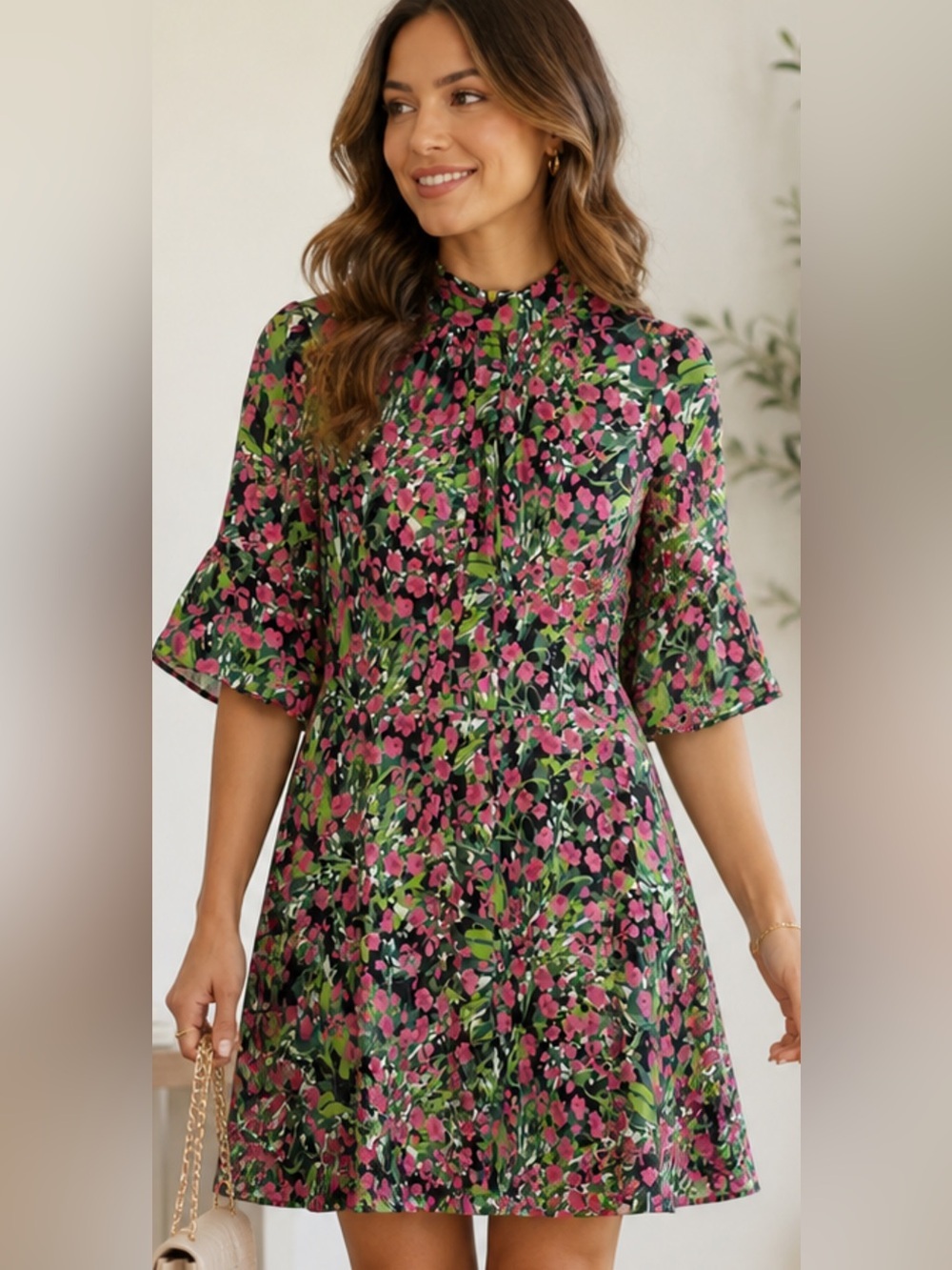 Closet London Pink and Green Floral High-Neck Midi Dress Size 8